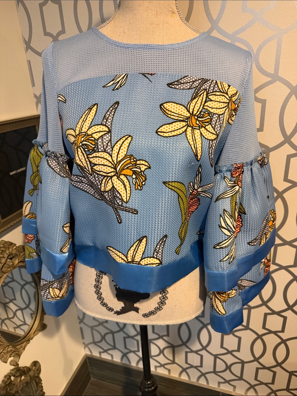 Floral Light Blue Mesh Bell-Sleeve Blouse